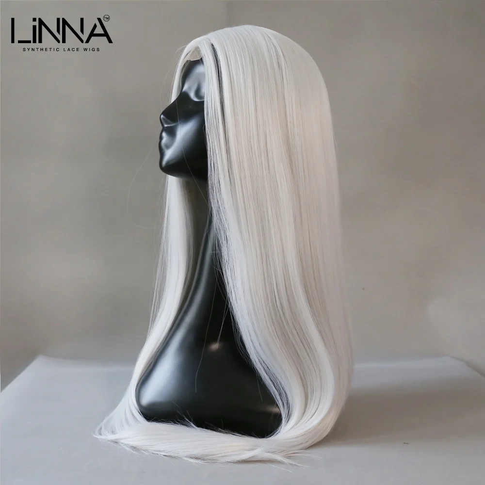 LINNA-Peluca de encaje sintético para mujer, cabellera de fibra larga y lisa de 26 pulgadas, color gris plateado, alta temperatura, para Cosplay