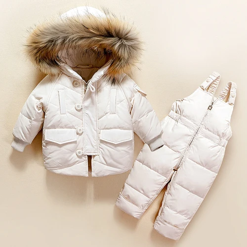 Зимние Детские комплекты одежды для девочек, теплая куртка-пуховик с капюшоном+ штаны, одежда для маленьких мальчиков, детские зимние комбинезоны, зимняя верхняя одежда - Цвет: Слоновая кость