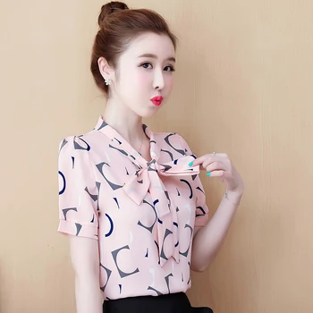 

COIGARSAM Print blouse women New Summer Short Sleeve Chiffon Lace blusas womens tops and blouses White Pink 8745