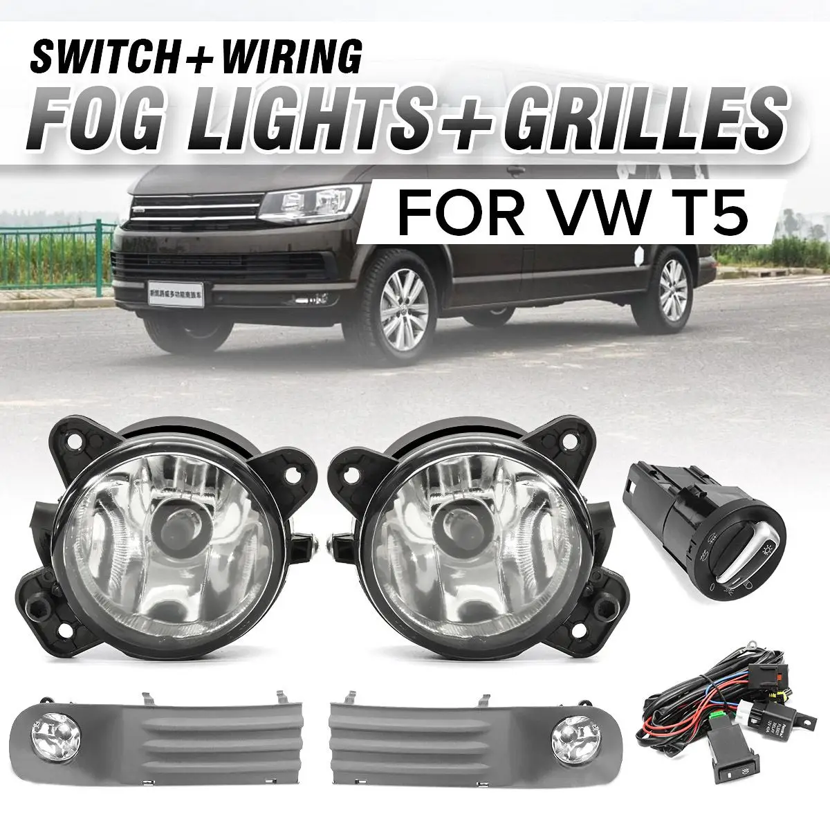 

1Pair Front Bumper Fog Light Angel Eyes Wiring Harness Daytime Running Light Plastic Black Kit for VW T5 TRANSPORTER 2003-2010