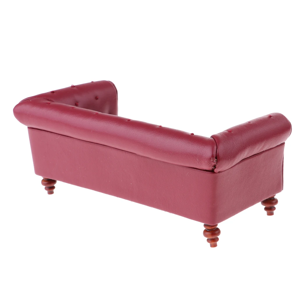 European Style 12th Leather Long Sofa Couch Dollhouse Living Room Furniture Home Model Display Ornaments Red