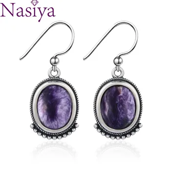 

925 Sterling Silver Drop Earrings Jewelry 8X10 Oval Natural Charoite Beautiful Cute Fashion Wedding Party Wholesale
