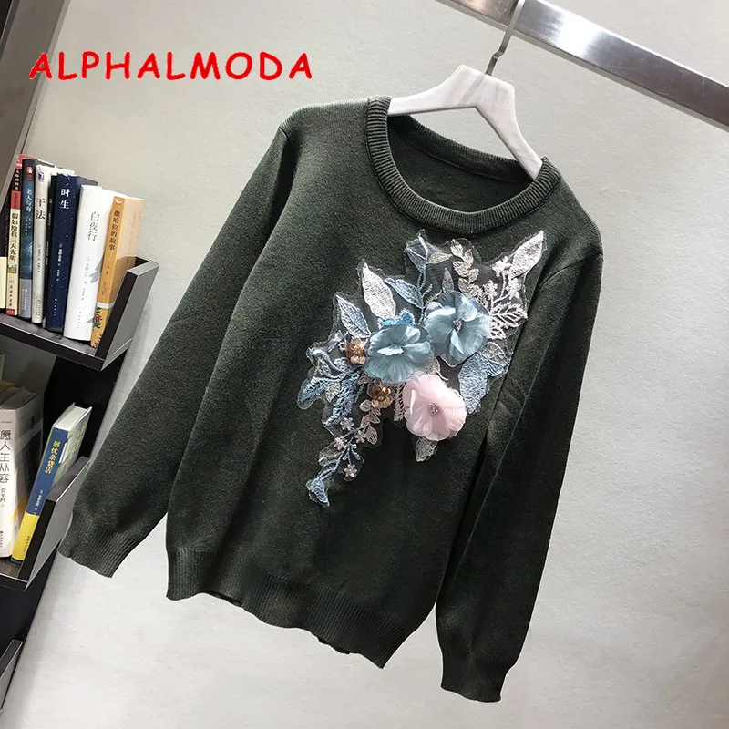 

ALPHALMODA 2019 Autumn Winter High Quality Women Stylish Pullovers 3D Flower Applique Fashion Knitting Sweater Loose Jumpers