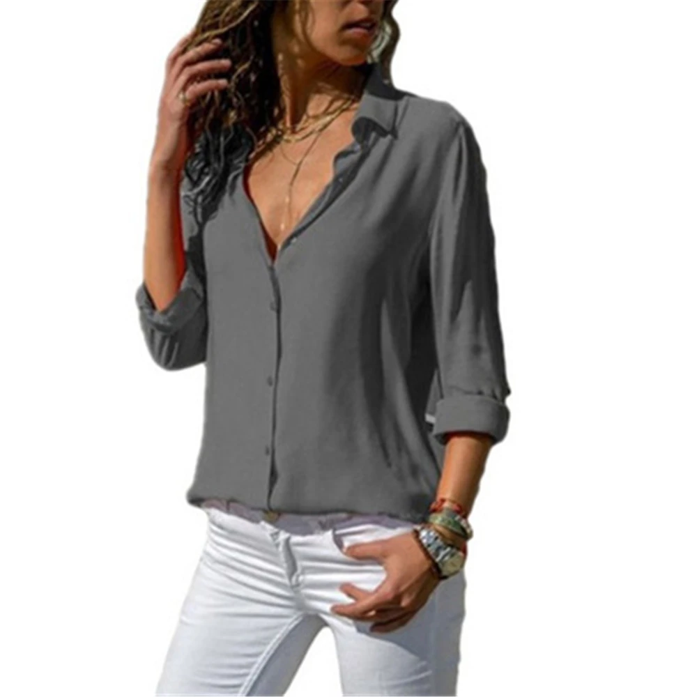

Women Autumn Elegant Tops Blouses Long Sleeve V-Neck Chiffon Blouse Female Work Wear Shirts Blouse Plus Size White Tops Shirts