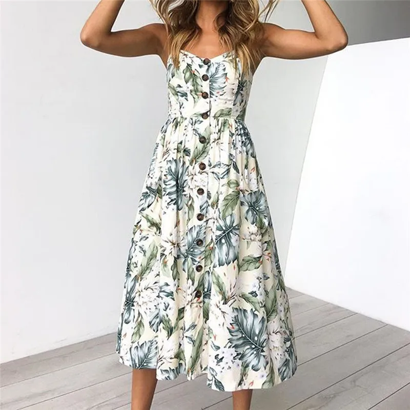 Women Dress Casual Sexy Printing Boho Dress Buttons Off Shoulder Sleeveless Dress Princess Dress Vestidos De Esta Long