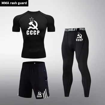 

Brand Men's Clothing Summer Short sleeve CCCP T-shirt Fitness leggings sports shorts 3 pieces Union Suit Compression Workout Set