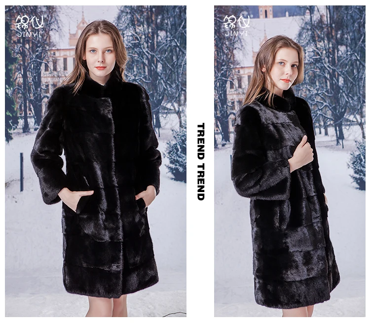 new block long section of thin mink hooded mink coat integrin 1009