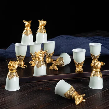 

12 PCS Chinese Wine Glasses Set with Gift Box 12 Zodiac Ceramics Wine Glass Antique Ceramic Creative Small Goblet Home,W