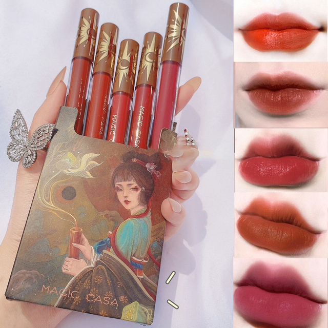 5PCS/set Lip Glaze Set Painting Series Cigarette Case Non-stick Cup Lipstick Set Gift Matte Lip Makeup Cosmetic TSLM1