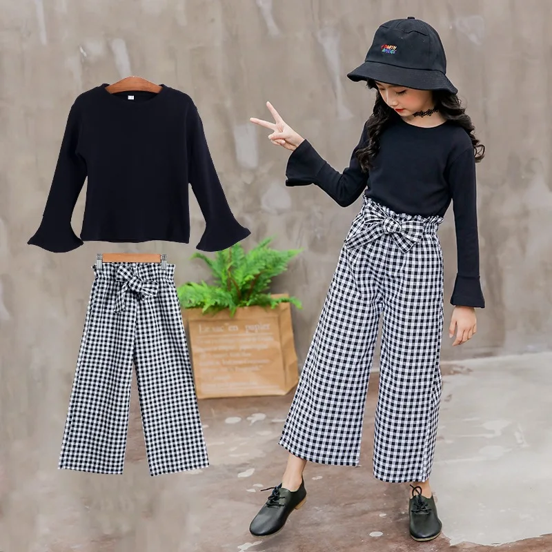 

2019 New Style Girls Plaid Pants Set Children Long Sleeve Base Shirt Loose Pants Korean-style Fashionable Two-Piece Set Fashion