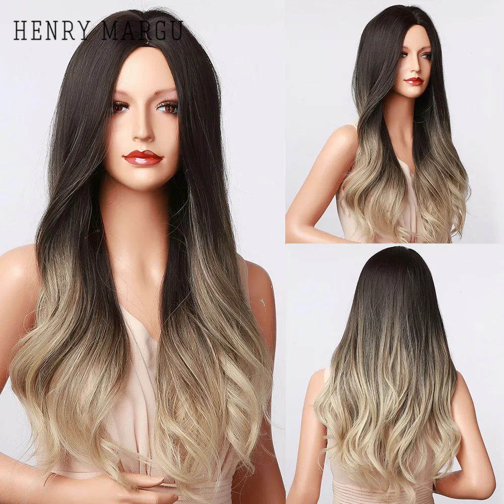 

HENRY MARGU Long Wavy Brown Blonde Ombre Hair Wigs Synthetic Natural Middle Part Wigs For Women Daily Heat Resistant Wigs