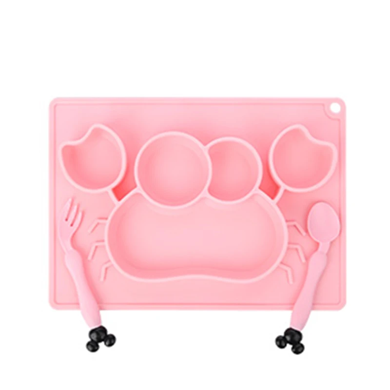 Crab Pink 3 шт., детская силиконовая столовая тарелка, вилка, Кит, ложка, миска для кормления, детская посуда, набор для малышей, детский набор, посуда с рисунком краба - Цвет: Crab Pink