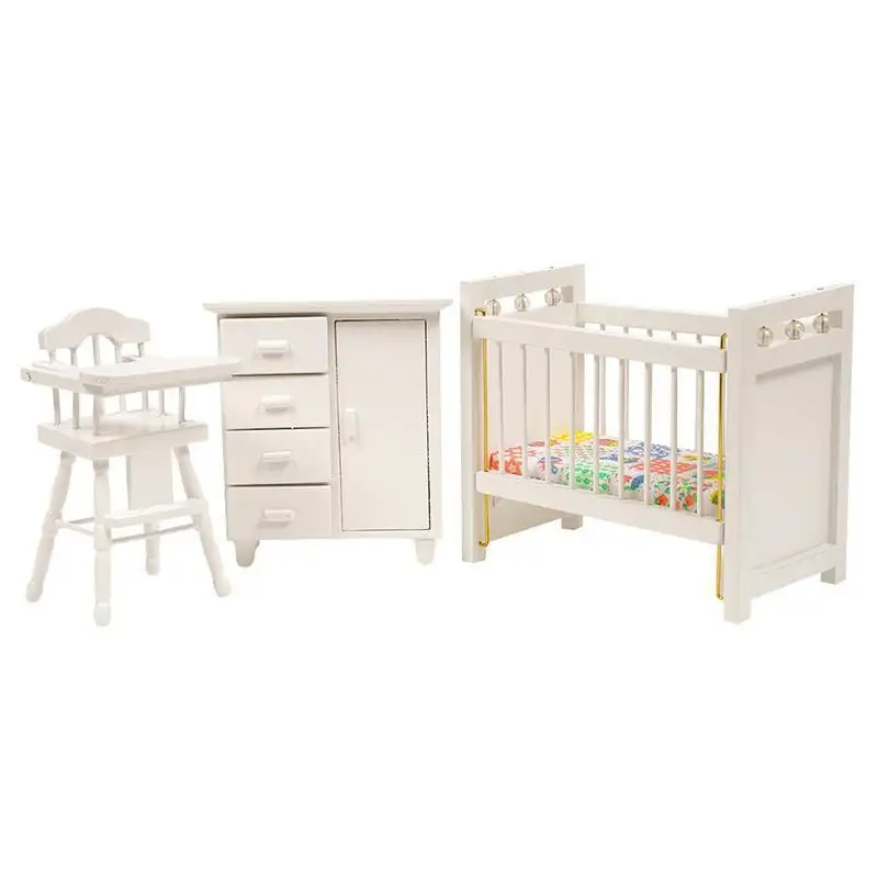 

3pcs/set Bedroom Furniture Wooden Crib Bed Baby Chair Cabinet 1:12 Dollhouse Miniatures Kids DIY Doll House Decoration
