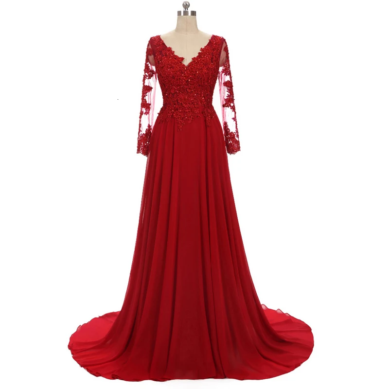 

Lace Appliques Long Sleeve Red Chiffon Plus Size Evening Formal Tulle Dress Floor Length Women Gown