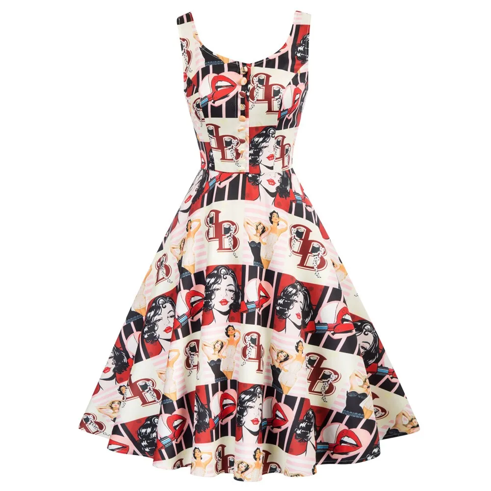 

Belle Poque Women Vintage Dress Summer Casual Swing Dress Sleeveless Buttons Sexy Print Party Elegant Ladies Flared A-Line Dress