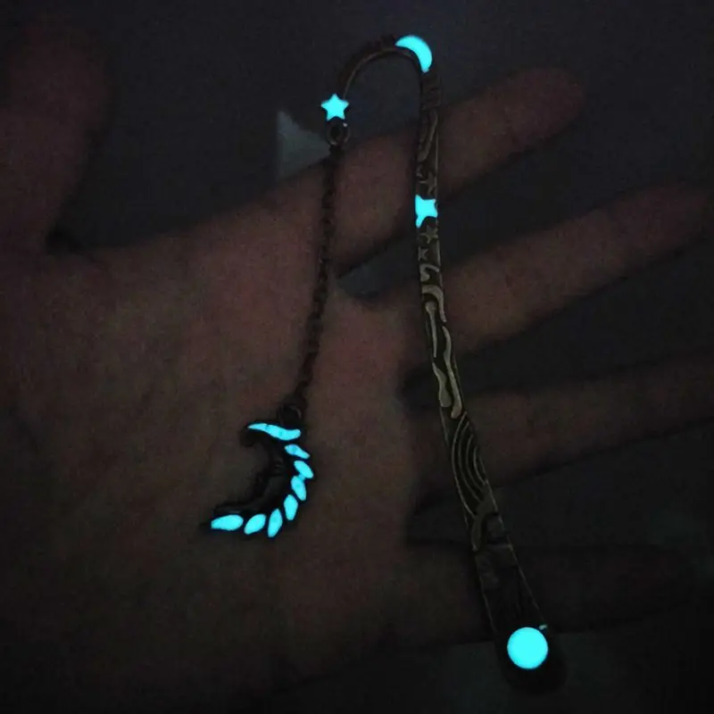 Sun and Moon Star Lines Luminous Hair Bun Retro Five-pointed Star Glowing Metal Fluorescent Moon Shape Pendant Bookmark LX9A