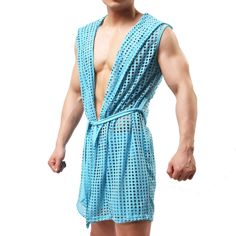 Men's Mesh Robes Hooded Bathrobes Homewear Nightwear Hollow Out