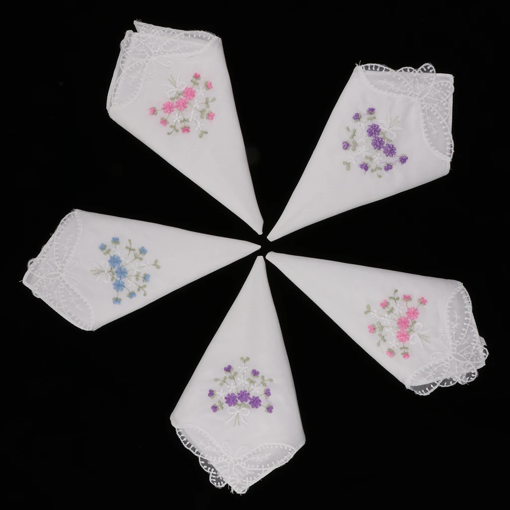 5 шт. женские 60S хлопчатобумажные носовые платки квадратный платок Цветочная вышивка с кружевной бабочкой край