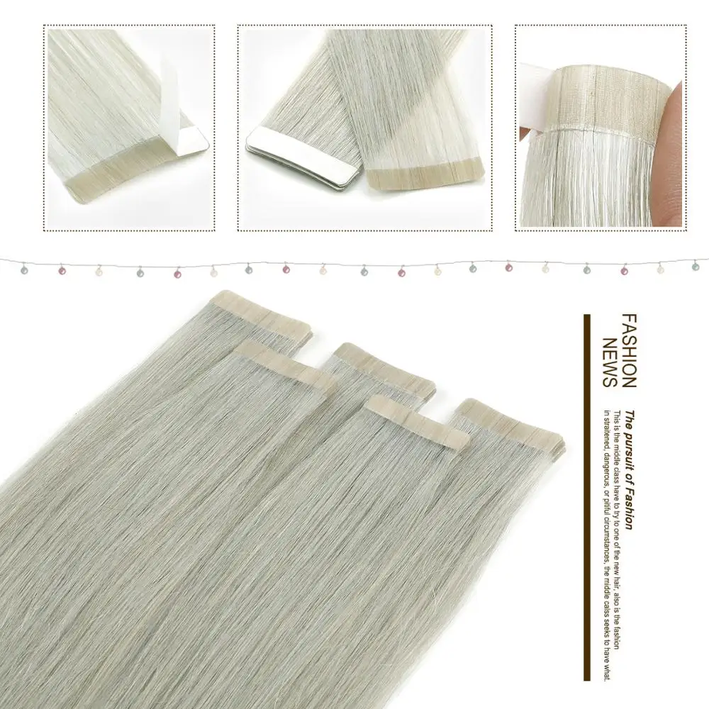 Neitsi Skin Weft Adhesive Hair None Remy Tape In Human Hair Extensions Grey# Color Straight Double Side Tape Hair 20pcs 40pcs