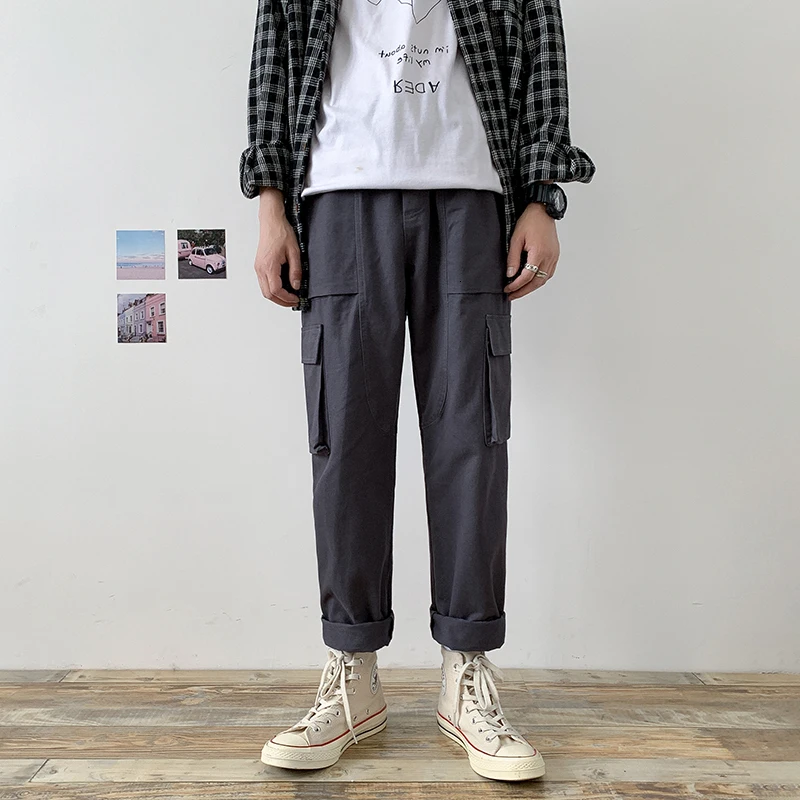 Cotton Overalls Men's Fashion Solid Color Multi-pocket Tooling Pants Men Streetwear Loose Hip Hop Straight Joggers Trousers Mens - Цвет: gray