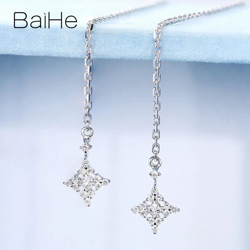 BAIHE Real Solid 18K White Gold Sparkling Natural Diamonds Earrings Wedding Trendy Star Ear line Women christmas Gift | Украшения и