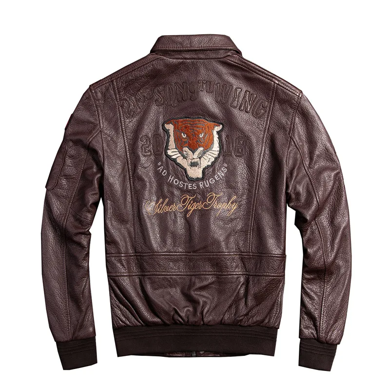 

2019 Men's Genuine Leather Jacket Tiger Embroidery A2 Pilot Jackets Brown Cowhide Motorcycle Leather Coat for Male