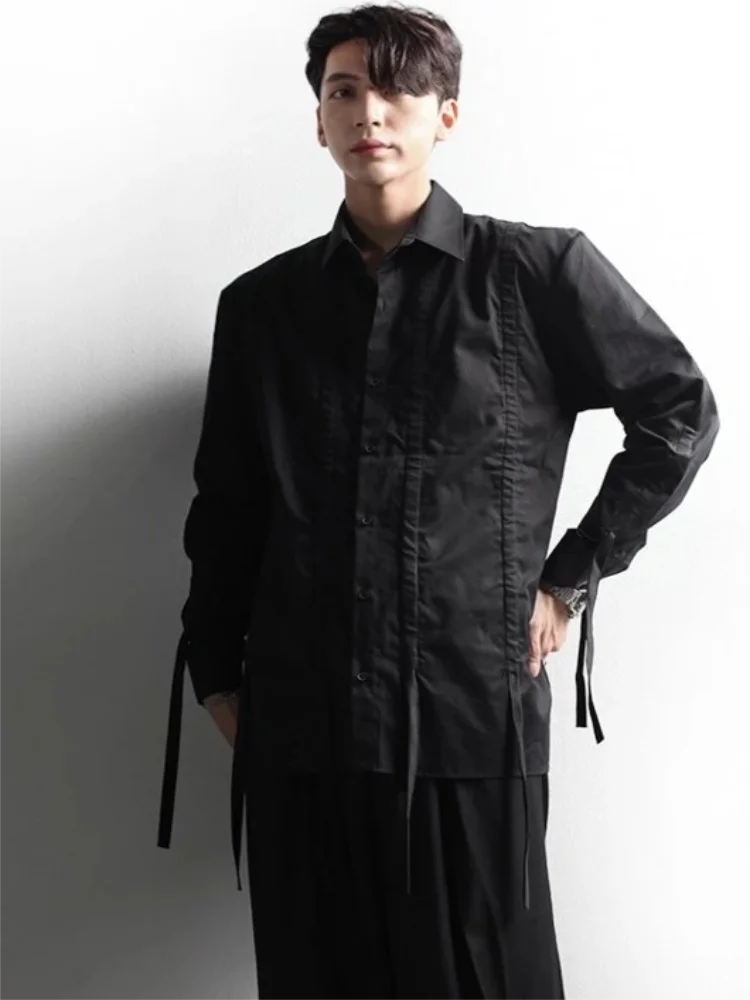 Men's Long-Sleeve Shirt Spring And Autumn New Fashion Popular Hong Kong Style 100 Pleated Tassel Design Loose Large Size Shirt