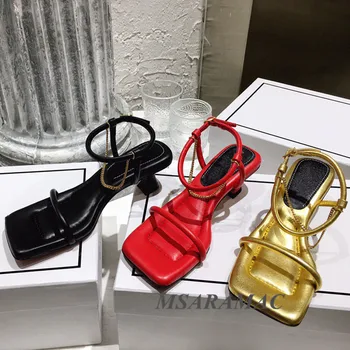 

Large square toe metal chain set foot ladies high heels gold black white red summer high heel sandals