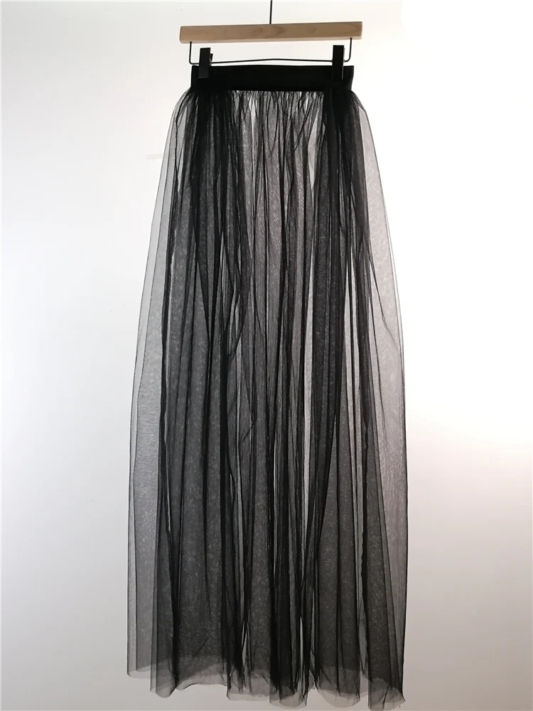 Сексуальная юбка-пачка из тюля, Женская юбка макси с высокой талией, эластичная летняя юбка из сетки, модная юбка размера плюс, новинка, белая одежда для вечеринки - Цвет: Черный