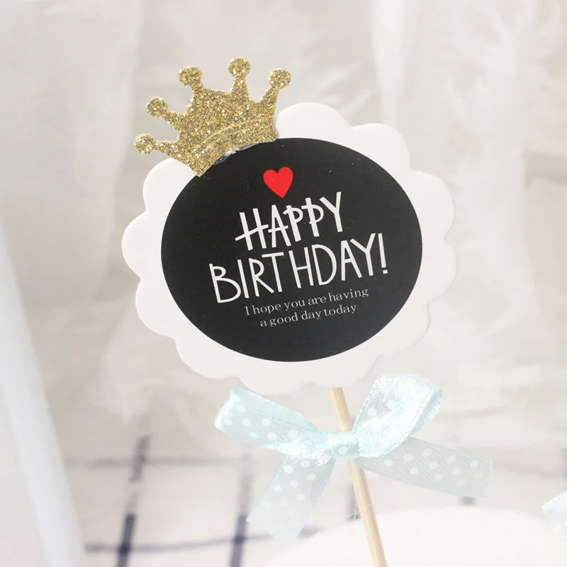 

6*20cm Beautiful White Black Crown Bow Knot Flower Happy Birthday Cake Topper King Queen Prince Princess Theme Party Supplies