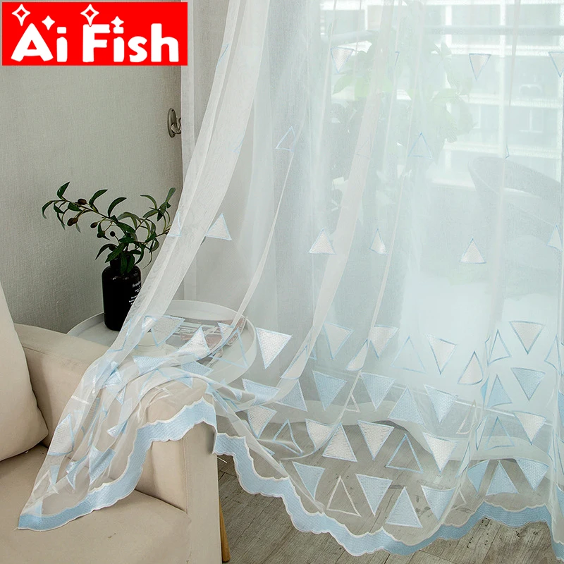 

Nordic simple fresh geometric polyester embroidered tulle window screen curtains for living room bottom blue lace Sheer M136-40