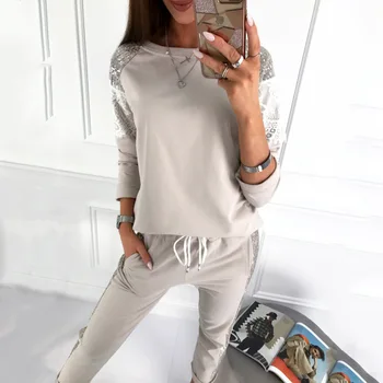 

Tide hit color sequin 2 piece set outfits for women casual floral long-sleeve sweater+casual floral trousers