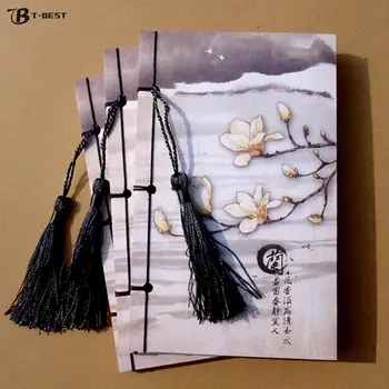 

70 Sheets Chinese Style Notebook Retro Flower Notebook Art Pattern Threading Blank Kraft Paper Notepad Sketchbooks with Tassel