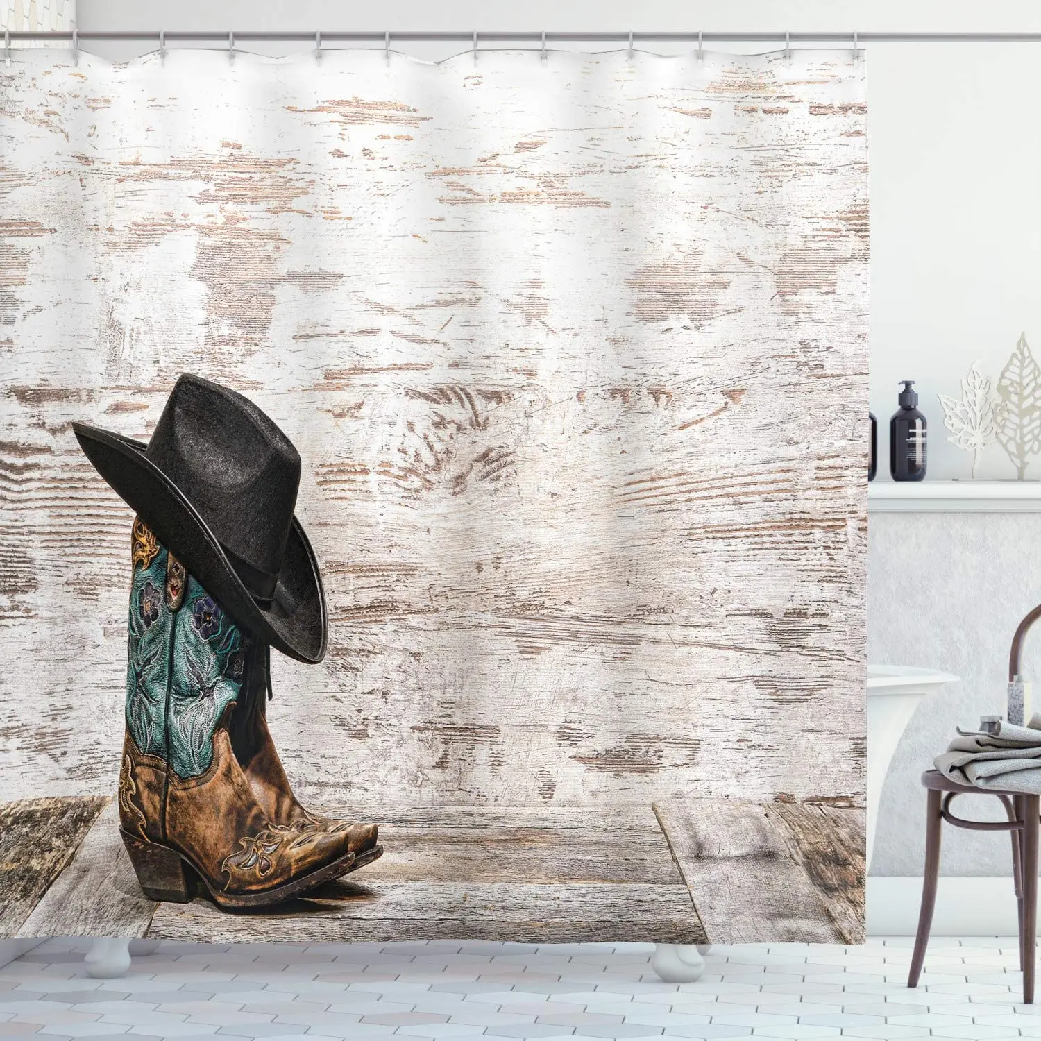 Western Shower Curtain Traditional Rodeo Cowboy Hat And Cowgirl Boots