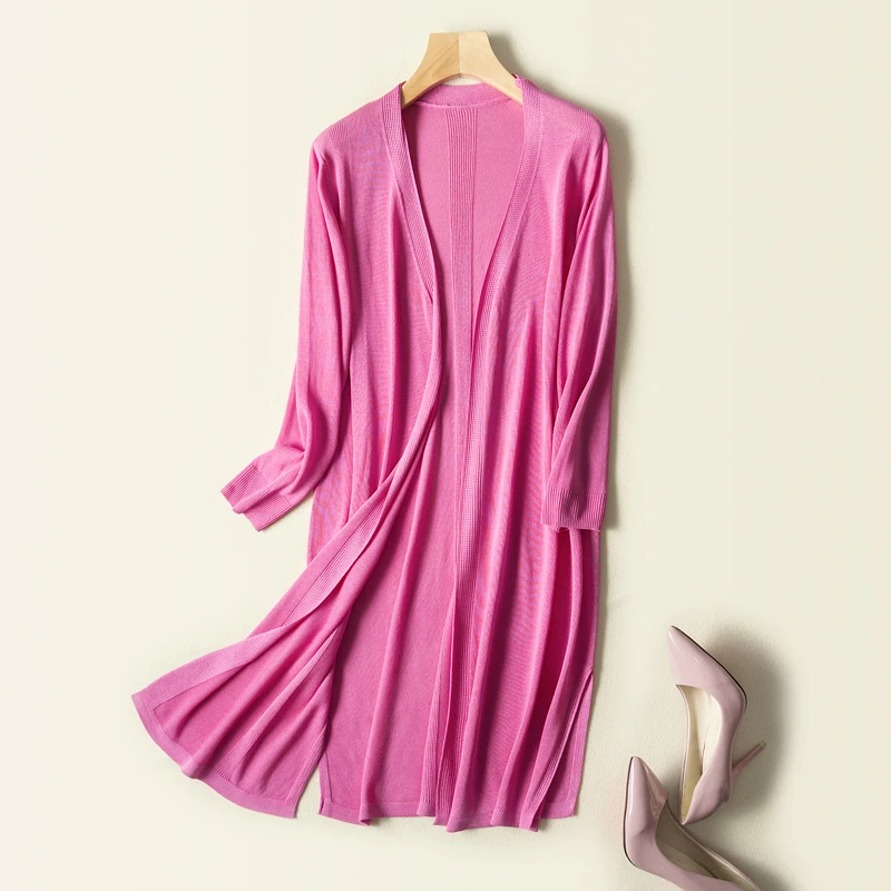 hot pink Осень длинный женский кардиган вязаный однотонный свободный женский свитер с v-образным вырезом офисный женский элегантный износоустойчивые кардиганы - Цвет: hot pink