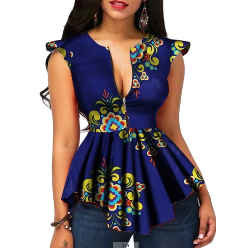 

Newly Women Tank Summer Zipper T-Shirt African Printing Top Blouse Tee Shirts IR-ing