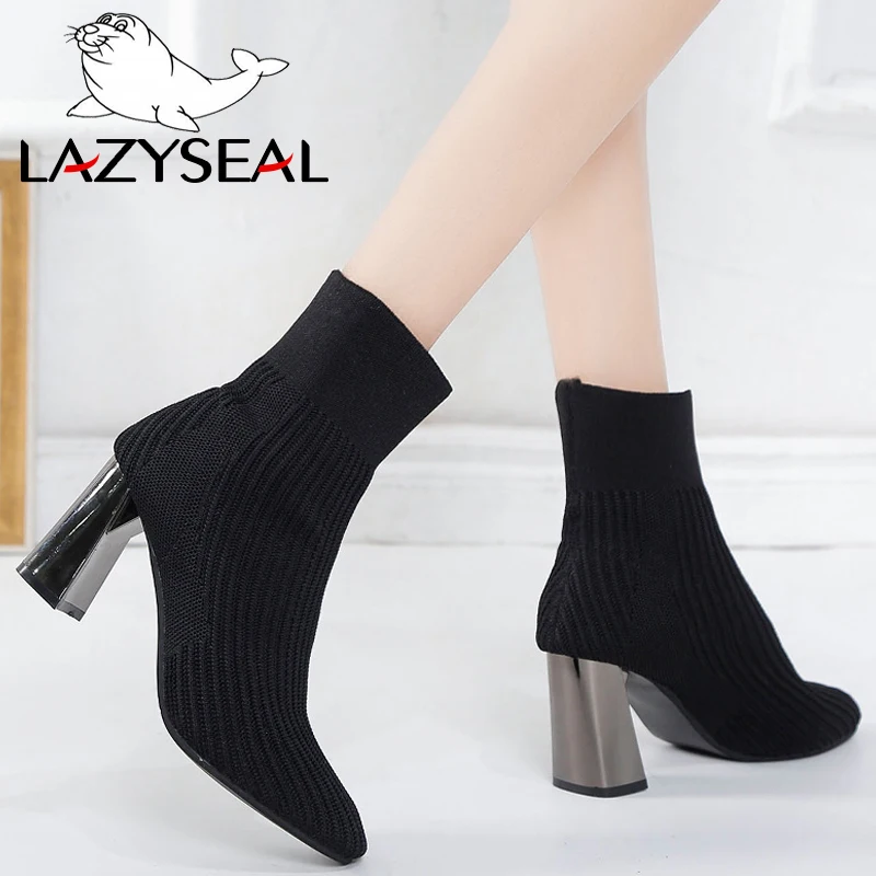 

LazySeal Solid Color Hoof Heels Sock Boots Knitted Fabric Casual Shoes Square Toe Ankle Boots Woman Shoes Slip-on Women Sneakers