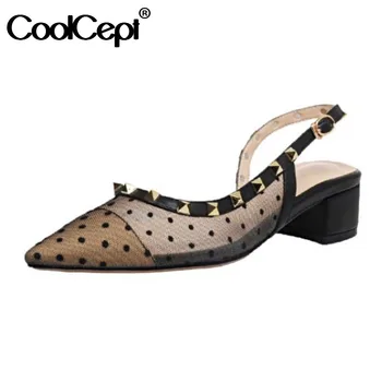 

CoolCept 2020 Real Genuine Leather Sandals Pointed Toe Thick Heel Buckle Strap Dot Print Rivets Fashion Sandals Size 34-43