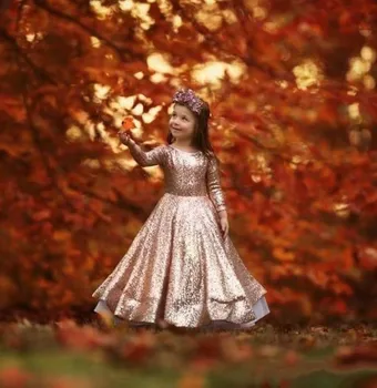 

Long Sleeves Sparkly Flower Girls Dresses 2020 New Rose Gold Kids Formal Party Wear Birthday Party Gowns