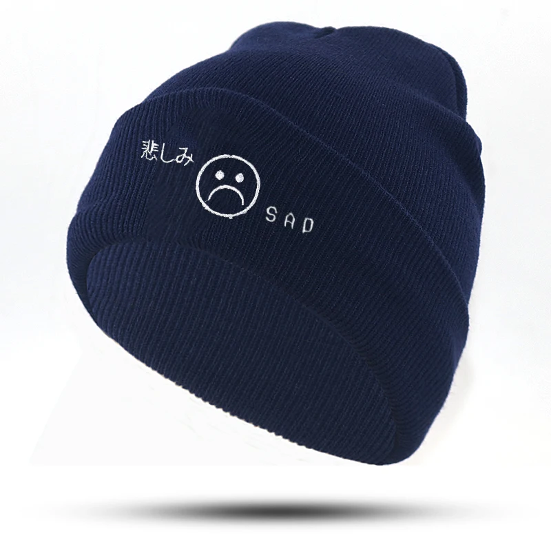 Sad boy knitted beanie cap embroidery cotton flexible warm winter hat sad face beanies men women fashion ski hats