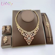 Модные свадебные ювелирные наборы из Дубаи, Кристальное ожерелье, браслет, элегантные женские серьги в форме цветка, кольцо для женщин, свадебные ювелирные изделия