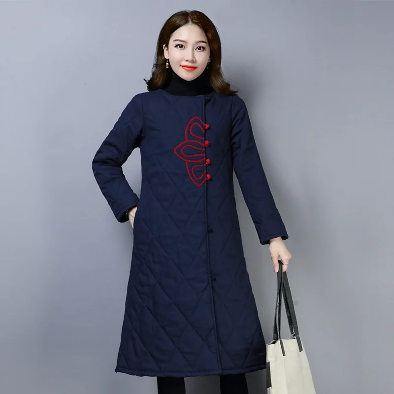 

Winter New Style Literature And Art Large Size Mid-length Crew Neck Thick Quilted Embroidery Warm Cotton Coat Cotton-padded Clot
