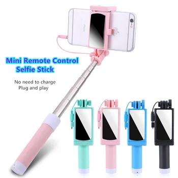 

Mini portable Selfie Stick with Mirror Handheld line Control for Iphone Huawei Xiaomi Samsung smartphone foldable Selfie Stick