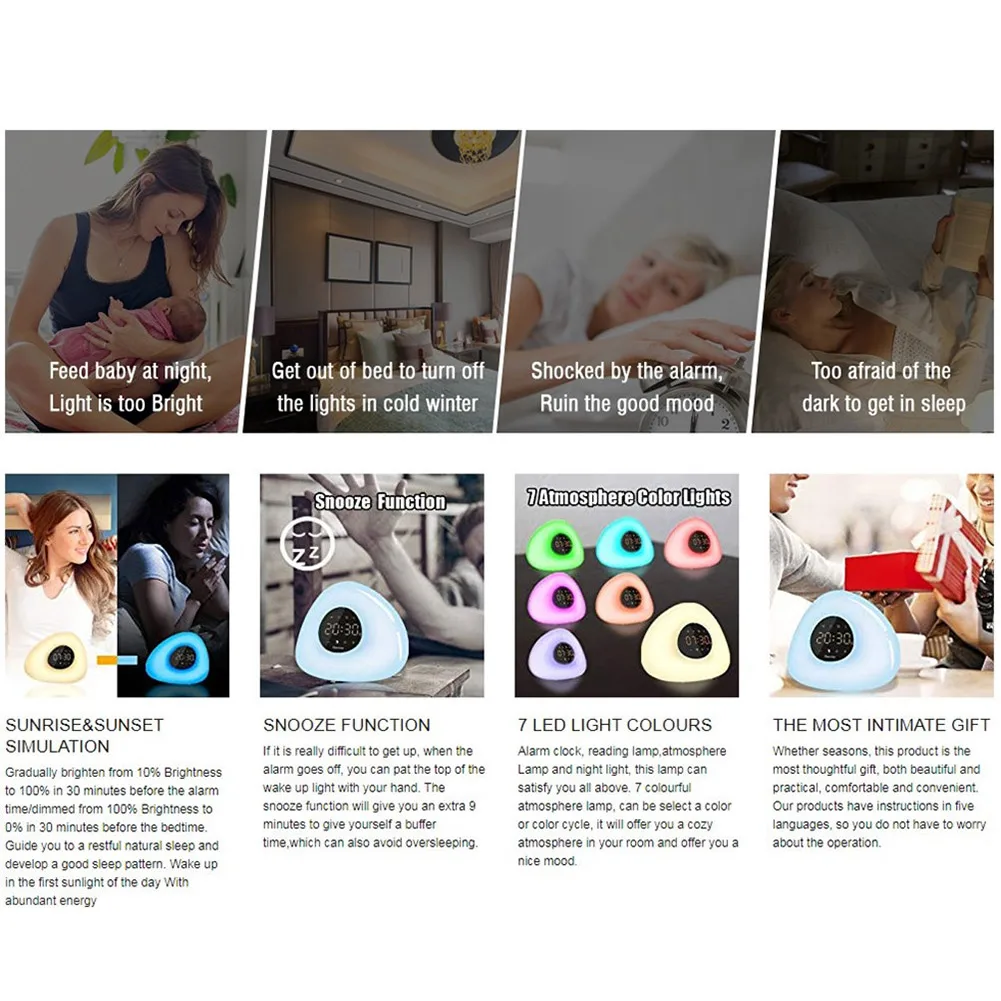 Wake Up Light Sunrise Simulation Led Alarm Clock Dimmable Warm White Light Color Changing Rgb Night Light Touch Control Light
