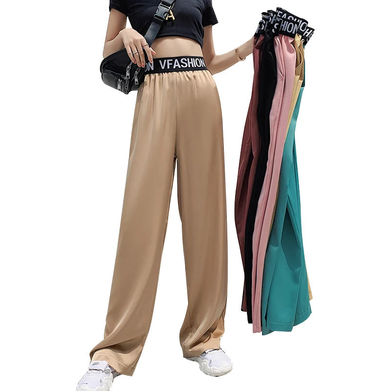 

Letter Elastic Waist Cloud Trouser Women Summer Spring Drape Wide Leg Pant High Waist Loose Straight Pant Casual Mopping Trouser