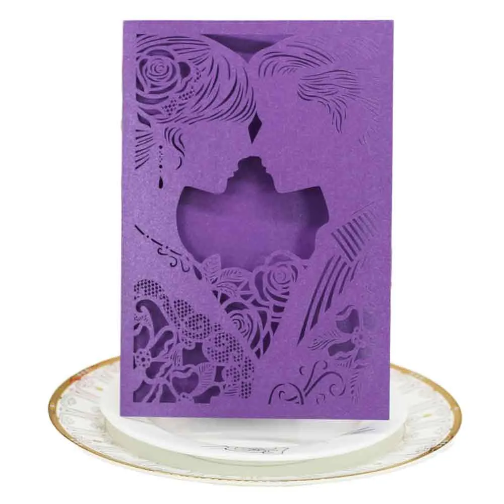 Purple 20 фиолетовых элегантных полых лазерных вырубных свадебных обеденных пригласительных открыток, украшения поздравительных открыток, вечерние принадлежности# YL10 - Цвет: Purple