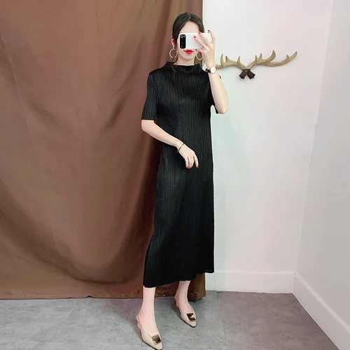 Miyake/плиссированное платье в японском стиле, прямые тонкие платья с коротким рукавом простой однотонный воротник-стойка, платье до середины икры для женщин, большие размеры - Цвет: Black