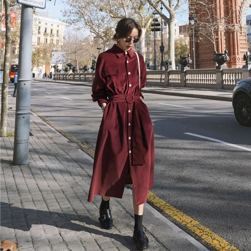 

Photo Shoot Korean-style Waist Hugging Lace-up Shirt Dress 2020 Spring New Style Fashionable WOMEN'S Dress Retro Corduroy Dress
