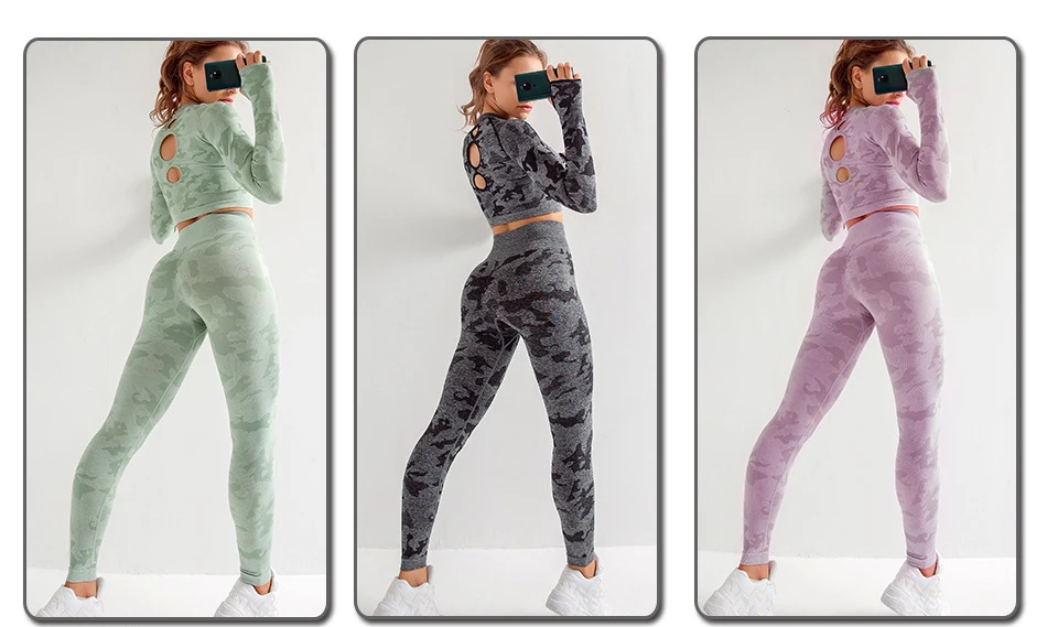 Бесшовный Камуфляжный комплект для йоги, камуфляжный спортивный костюм, женский комплект 2 шт., тренировочный костюм, одежда для спортзала, сексуальные спортивные рубашки, пуш-ап леггинсы