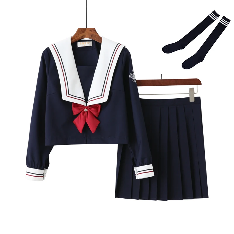 Uhyd S-XXL Зимняя школьная форма хор Униформа моряков синяя школьная девушка аниме костюмы топ юбка и кардиган - Цвет: Long Set With Socks